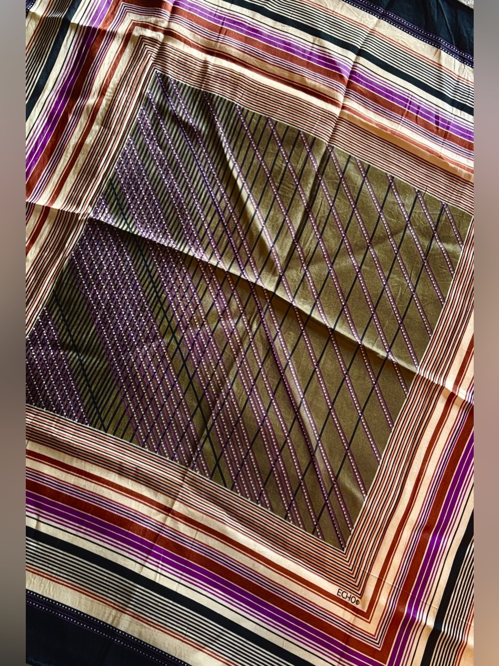ECHO Vintage Geometric Scarf in Purple, Olive, Cream, Black, & Rust, EUC